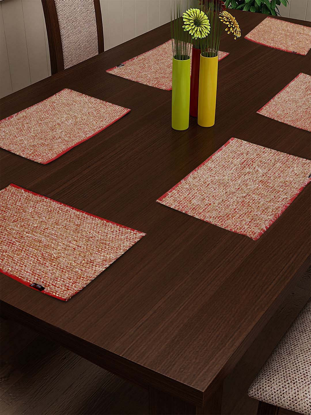 KLOTTHE Unisex Set of 6 Red & Beige Printed Table Placemats
