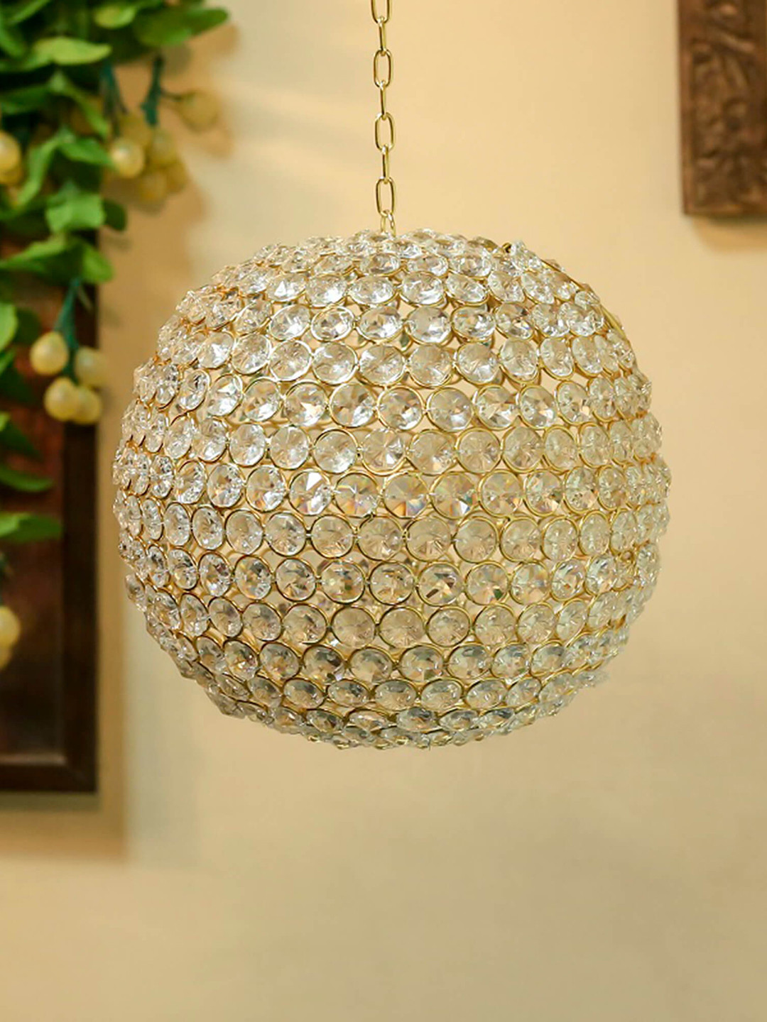 Homesake Hanging Pendant Ball Gold Crystal Mirrored Living Room Large Showpiece - 15 Inches