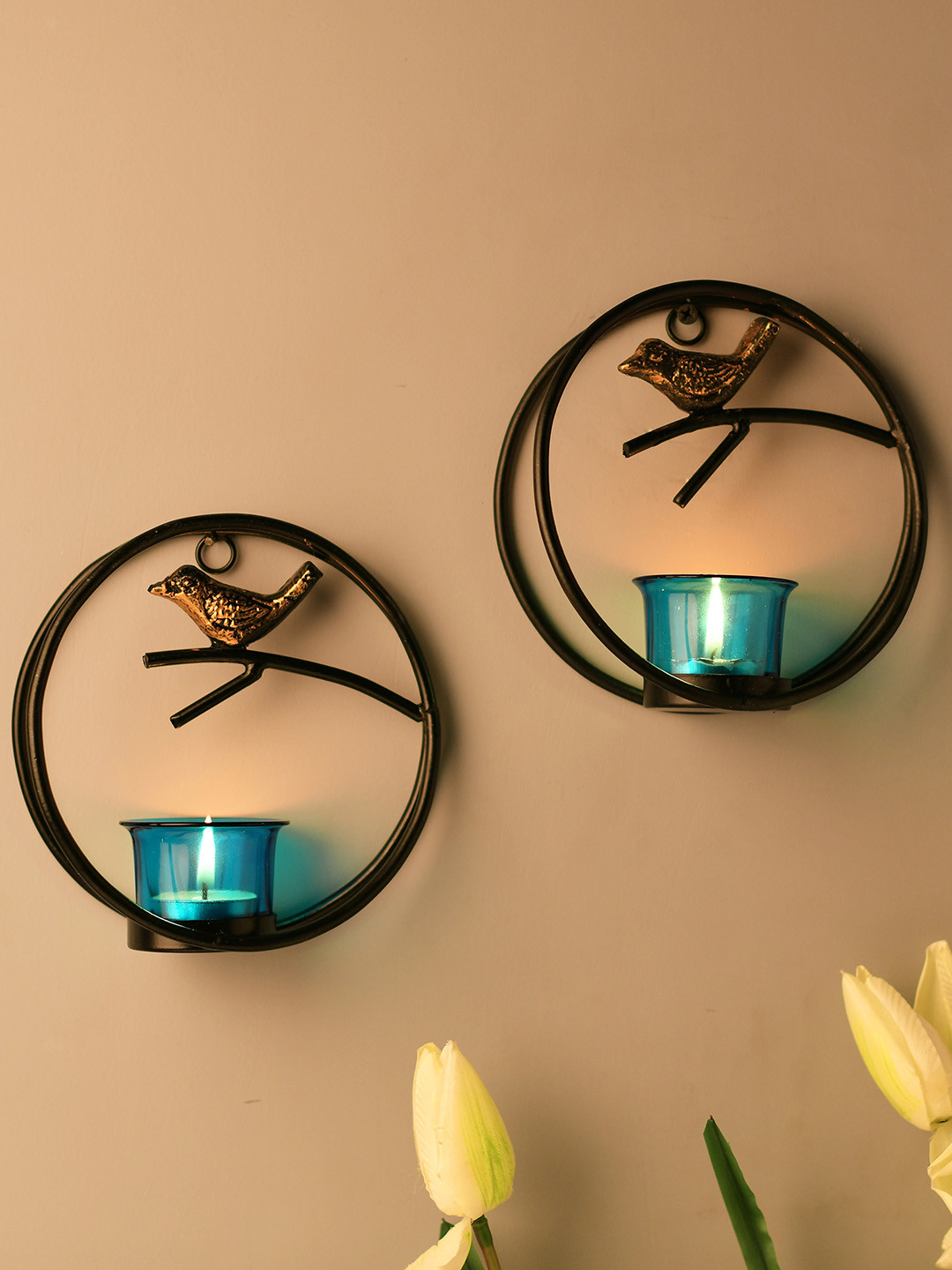 Homesake Set of 2 Blue & Black Decorative Bird Ring Shaped Candle Holders