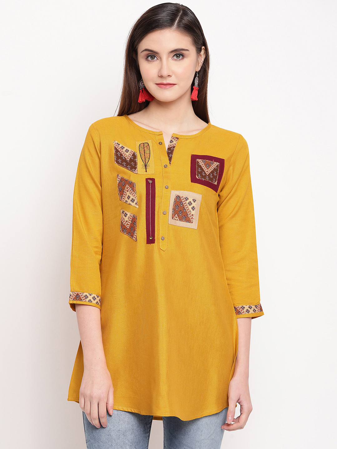Kvsfab Women Mustard Yellow Solid Patchwork A-Line Kurti