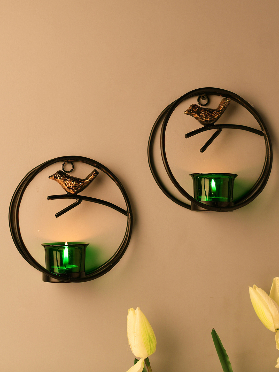 Homesake Set of 2 Green & Black Decorative Bird Ring Shaped Candle Holders