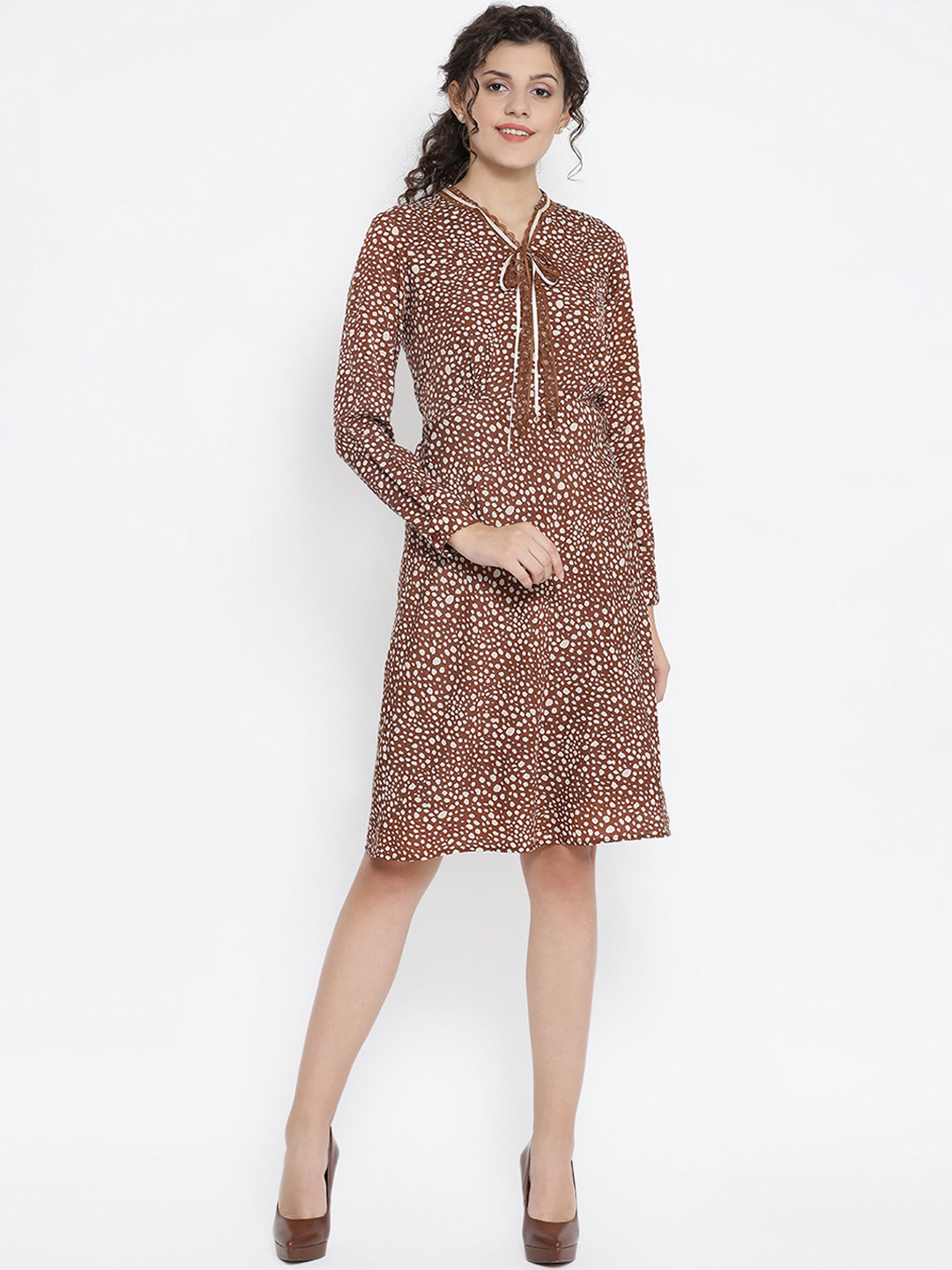 OFFICE & YOU Women Brown Printed Fit and Flare Dress