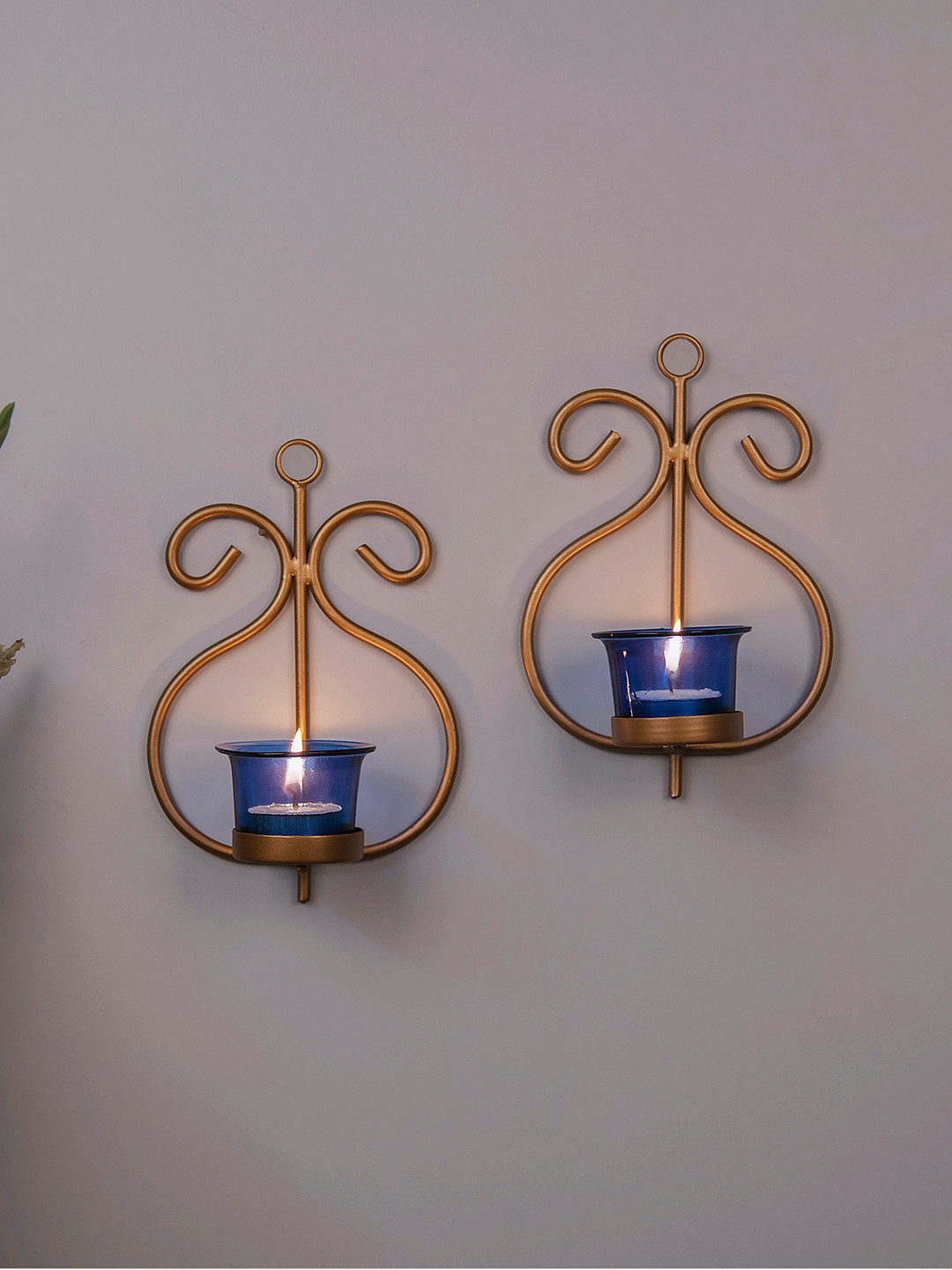 Homesake Set of 2 Golden & Blue Candle Holder