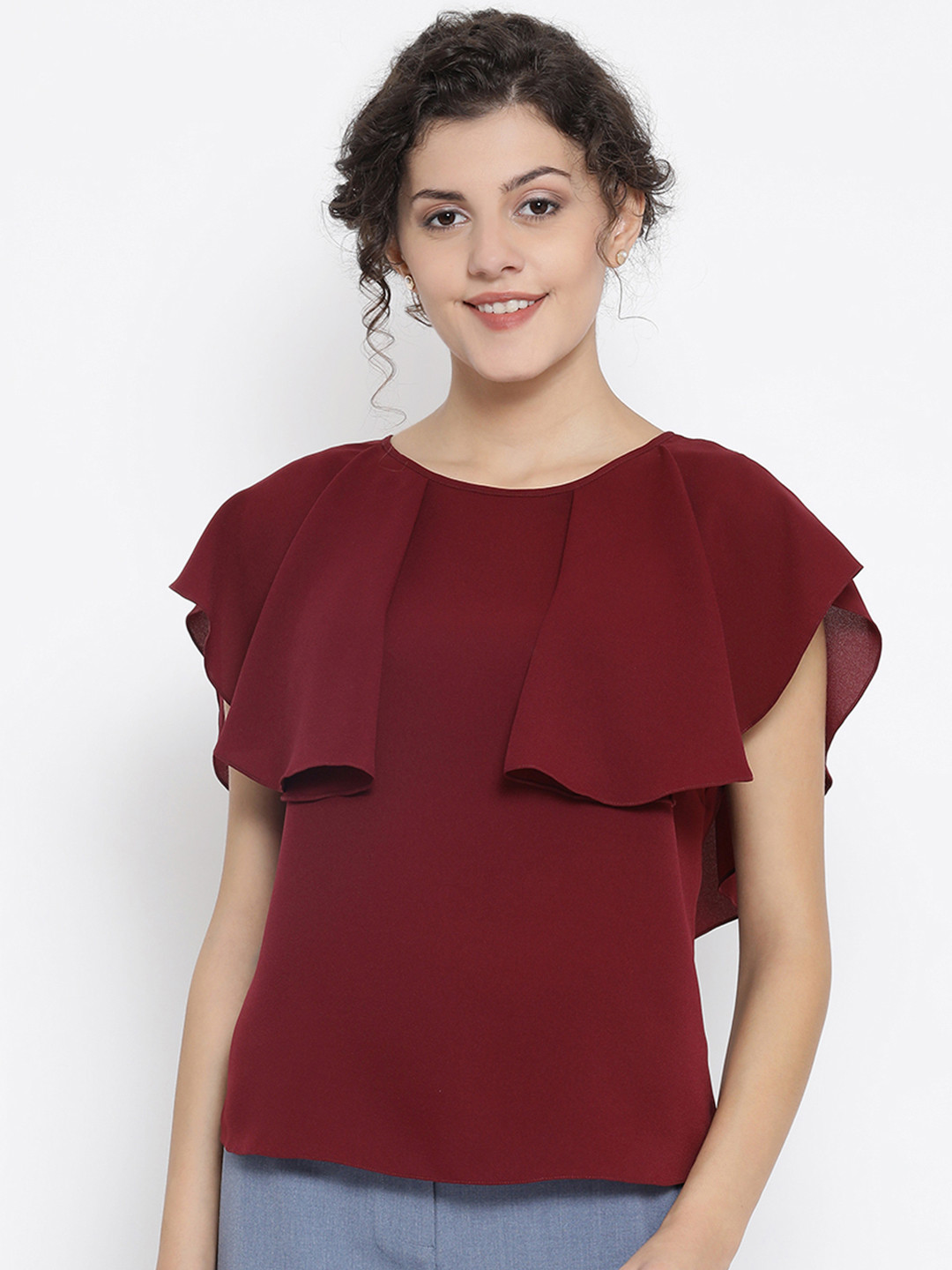 OFFICE & YOU Women Maroon Solid Cape Top