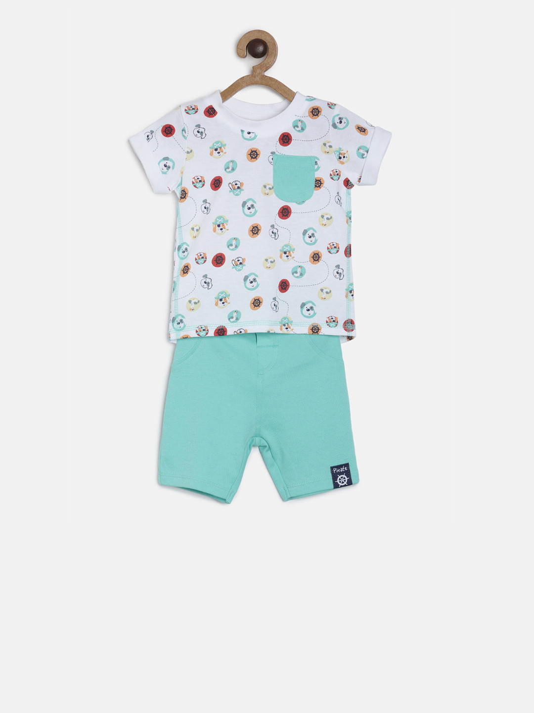 MINI KLUB Boys Green & White Printed T-shirt with Shorts