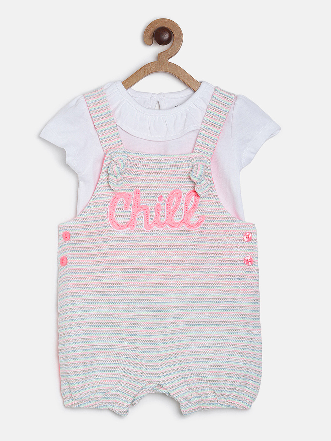 MINI KLUB Girls Coral pink & White Solid Top with Printed Dungarees