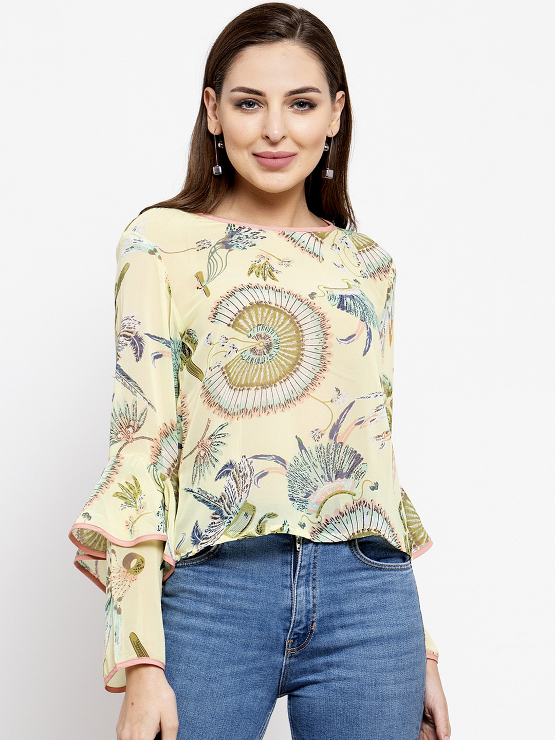klauressa Women Yellow Printed A-Line Top