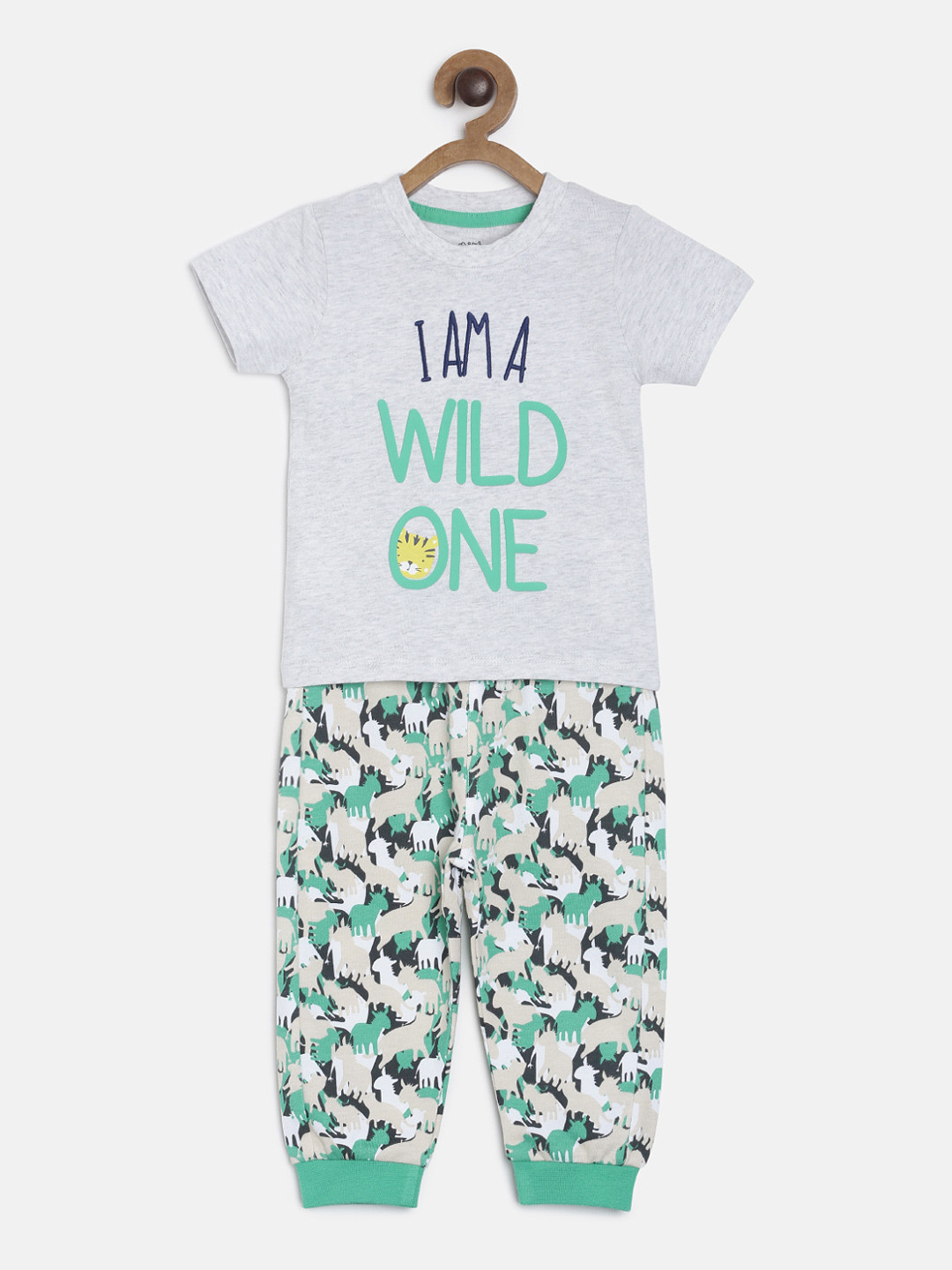MINI KLUB Boys Grey Melange & Green Printed T-shirt with Pyjamas