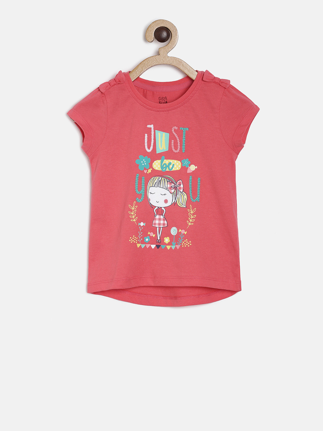 MINI KLUB Girls Red Printed High-Low Pure Cotton Top