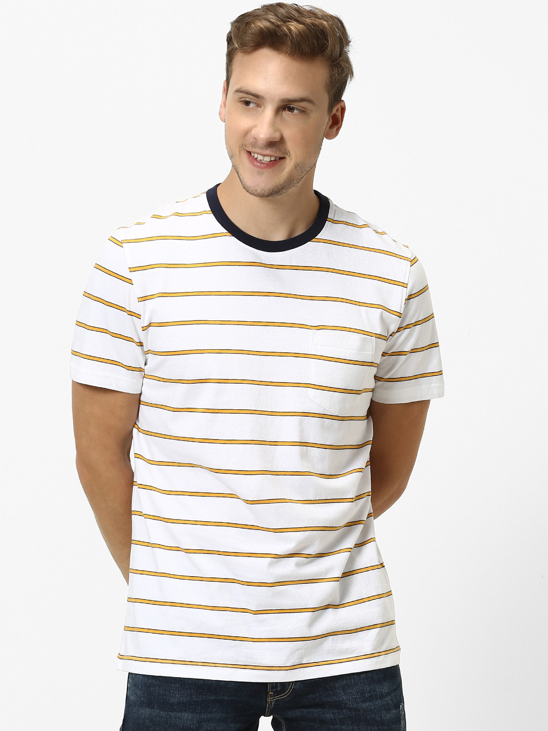 Celio Men White  Yellow Striped Round Neck Pure Cotton T-shirt