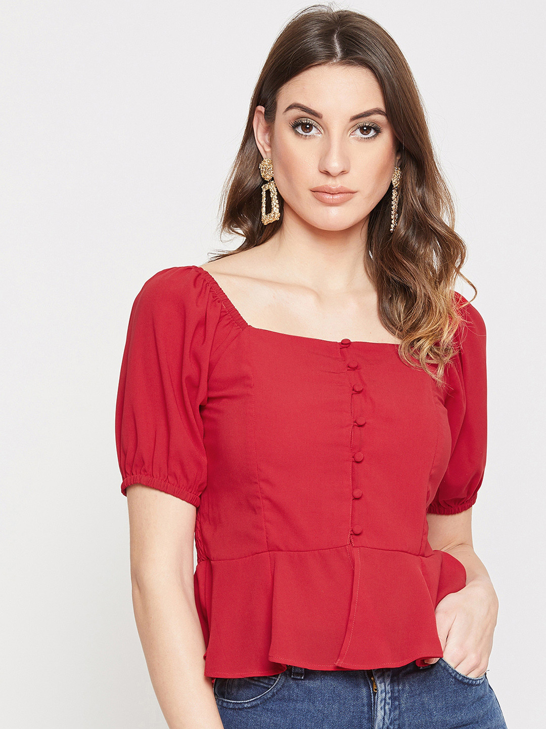 Marie Claire Red Square Neck Smocked Top