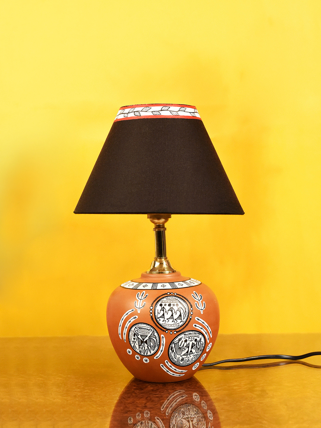 Unravel India Brown Warli Teracotta Table Lamp With Shade