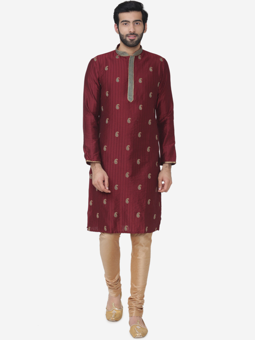 Manu Men Maroon & Blue Embroidered Kurta with Churidar