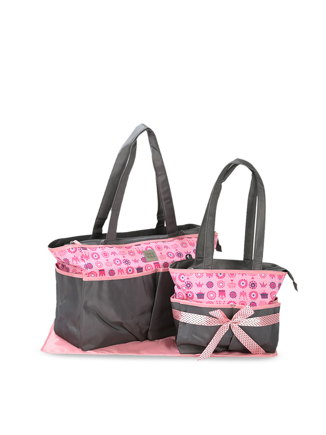 MeeMee Kids Set Of 2 Grey & Pink Printed Diaper Bag