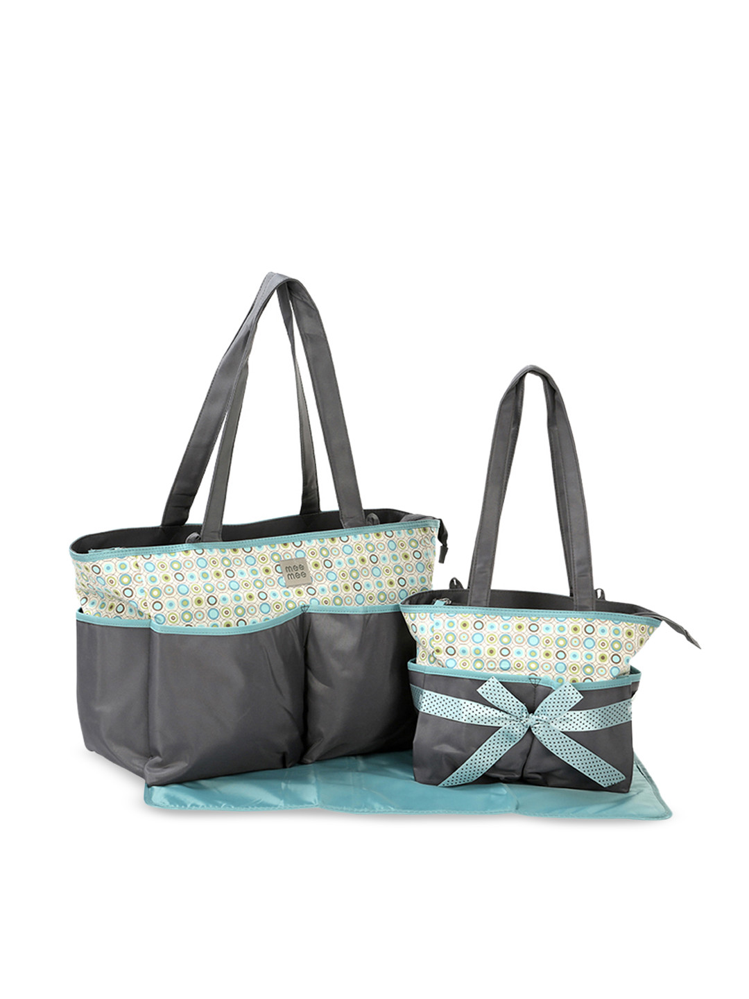 MeeMee Kids Set Of 2 Grey & Green Printed Diaper Bag
