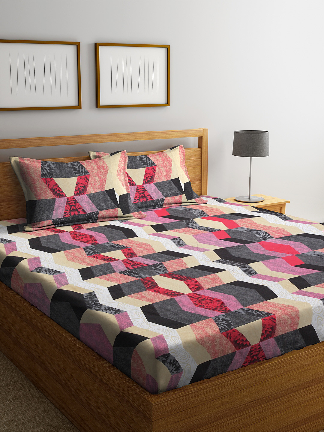 Cortina Multicoloured Abstract 120 TC Cotton 1 Queen Bedsheet with 2 Pillow Covers