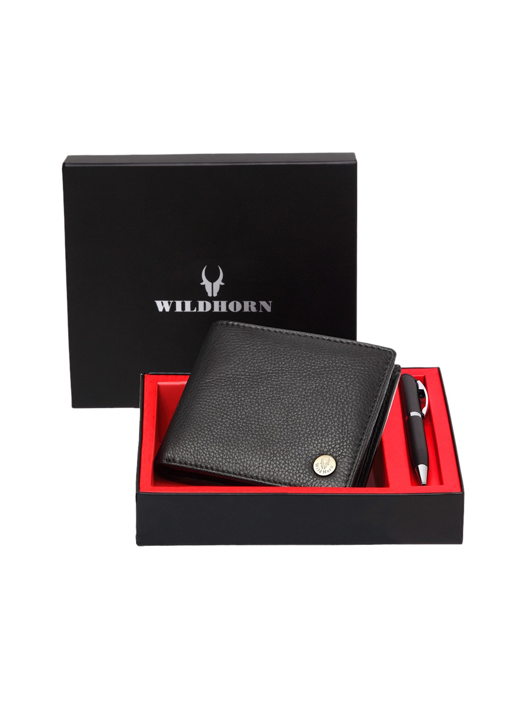 WildHorn Men Black RFID Protected Genuine Leather Wallet & Pen Accessory Gift Set
