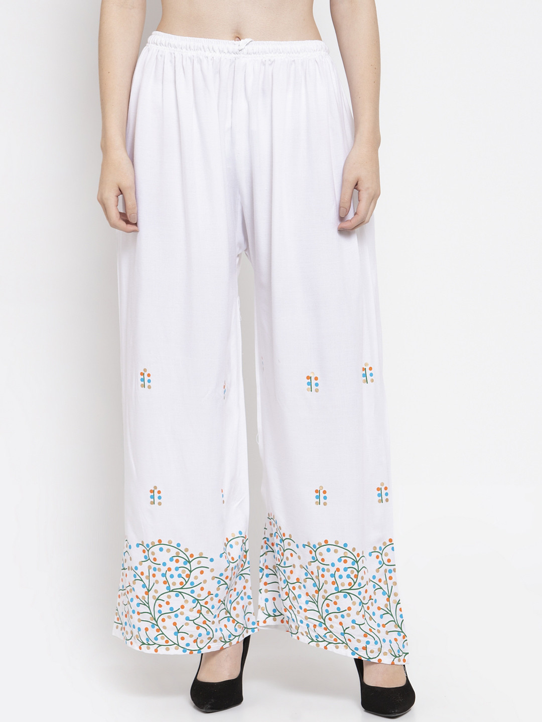 Clora Creation Women White Printed Wide Leg Palazzos