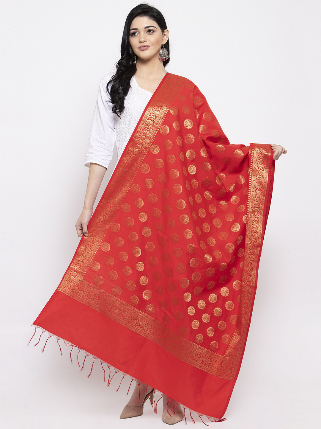 Clora Creation Red & Gold-Coloured Woven Design Banarsi Silk Dupatta