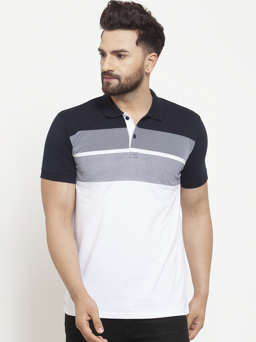 WILD WEST Men White & Navy Blue Colourblocked Polo Collar T-shirt
