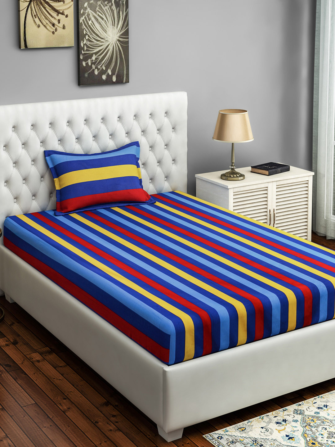SWAYAM Blue Striped Cotton 180 TC Single Bedsheet with a Pillow Cover-60 x 90 inches