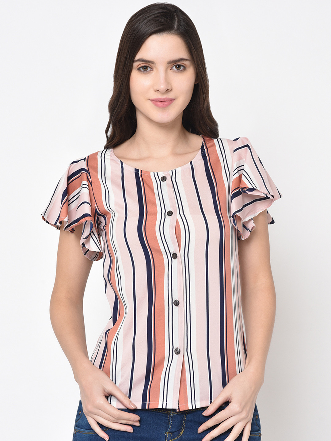 PHWOAR Women Peach-Coloured Striped Shirt Style Top