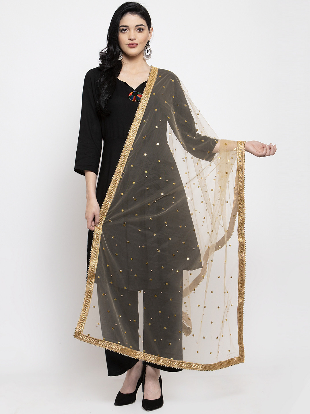 Clora Creation Gold-Coloured Gotta Patti Net Dupatta