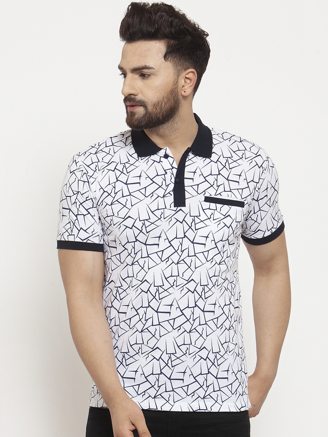 WILD WEST Men White & Black Printed Polo Collar T-shirt