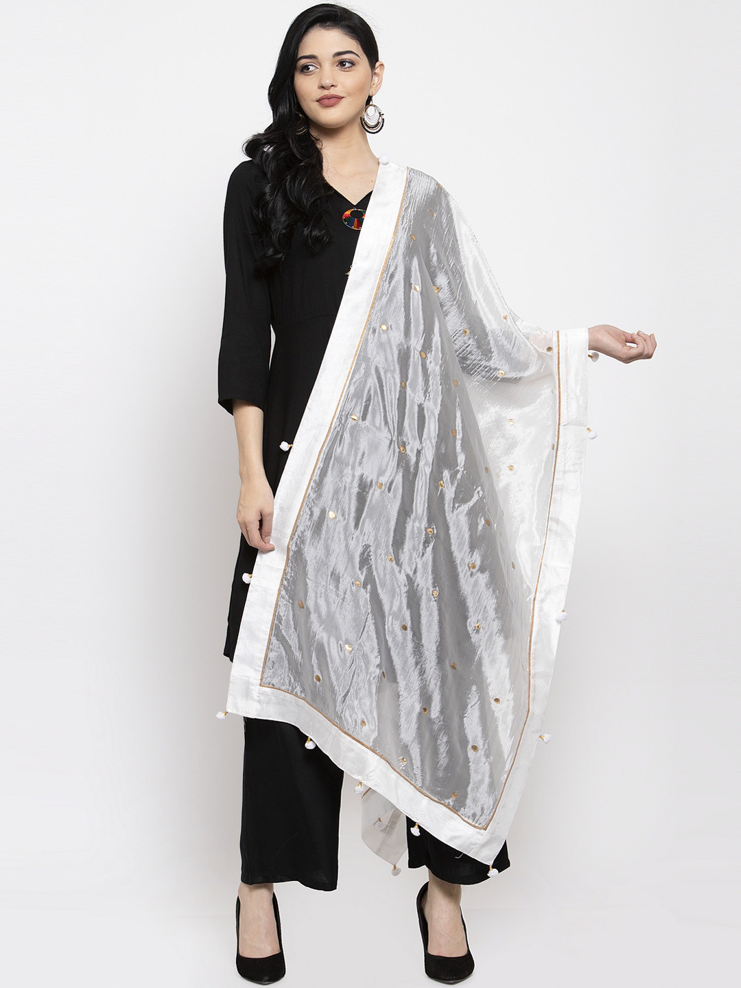 Clora Creation White & Gold-Coloured Polka Dot Printed Dupatta