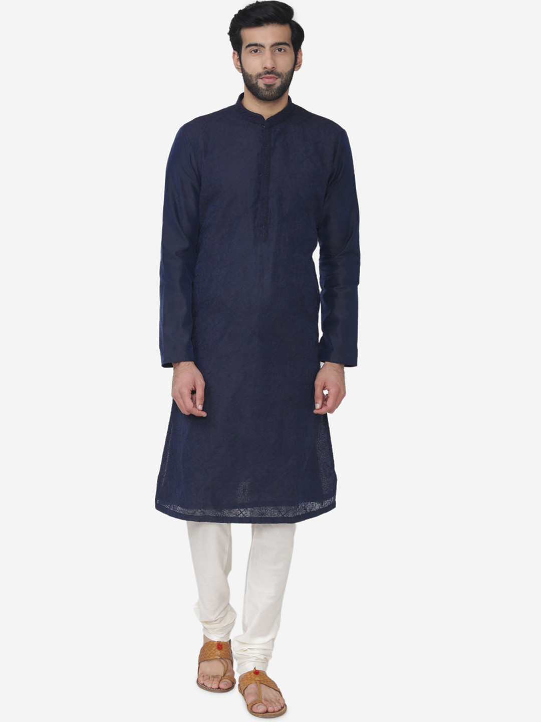 Manu Men Navy Blue & White Embroidered Kurta with Churidar