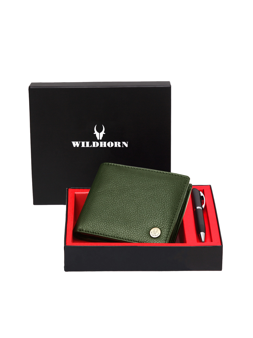 WildHorn Men Green & Black RFID Protected Genuine Leather Wallet & Pen Accessory Gift Set