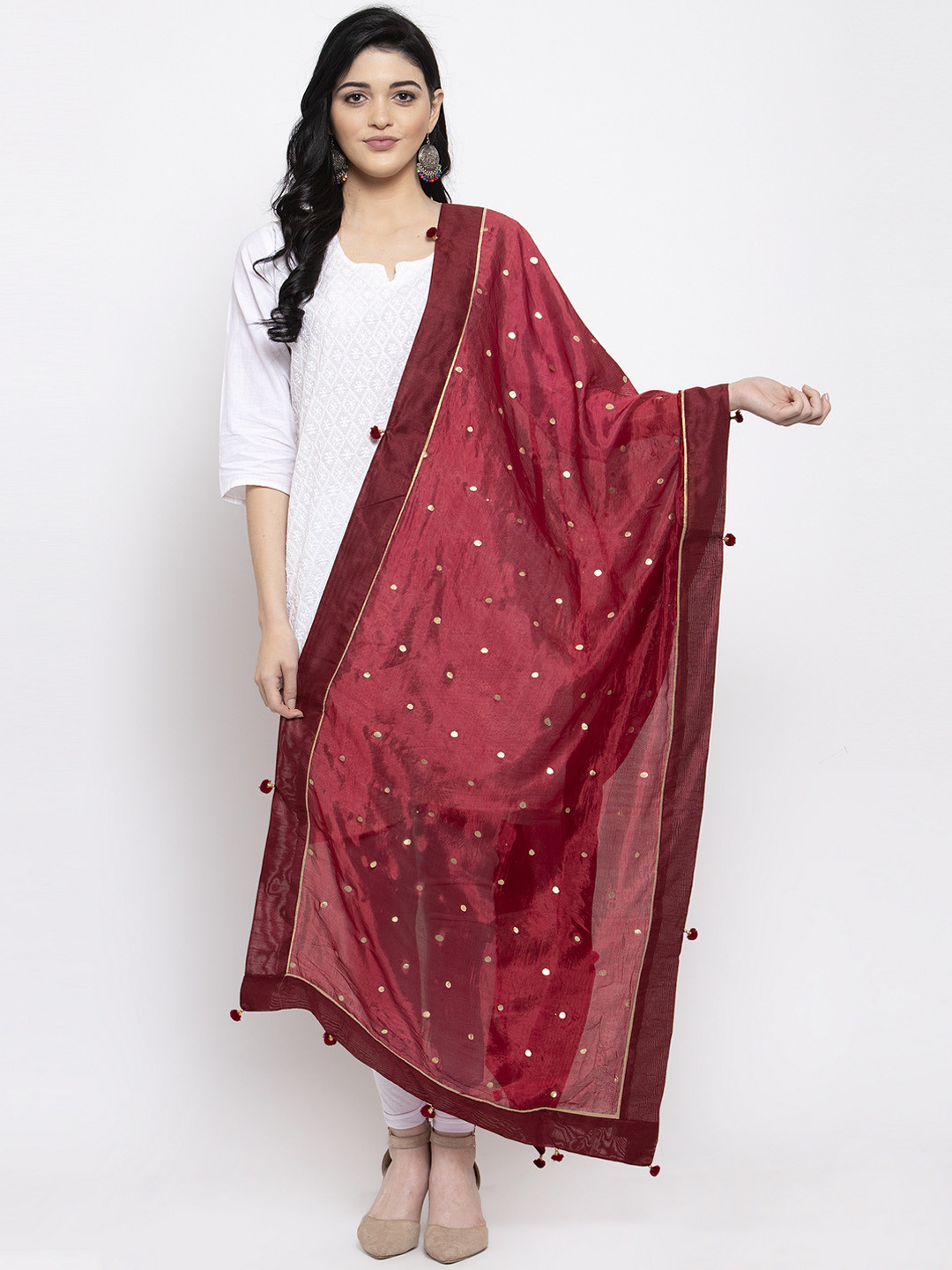 Clora Creation Maroon Woven Design Polka Dots Silk Dupatta