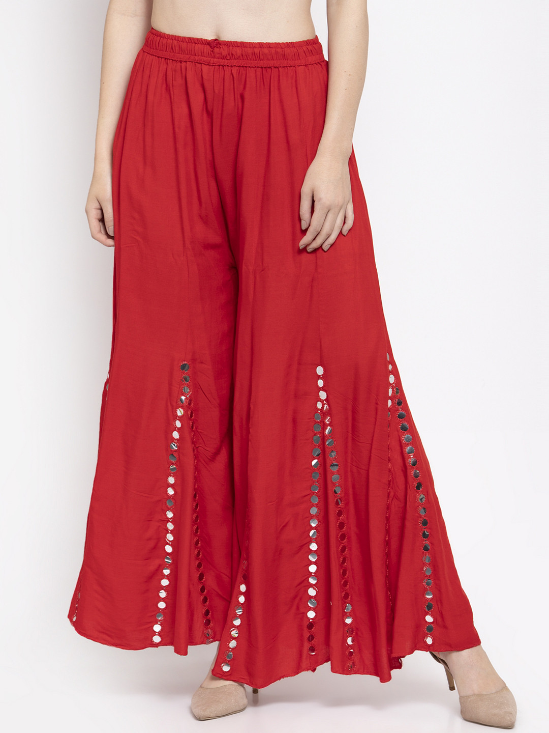 Clora Creation Women Red Mirror Work Flared Palazzos