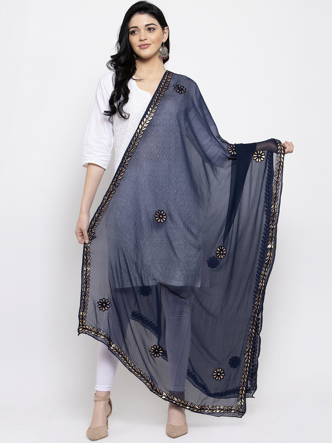 Clora Creation Navy Blue & Gold-Coloured Gotta Patti Dupatta