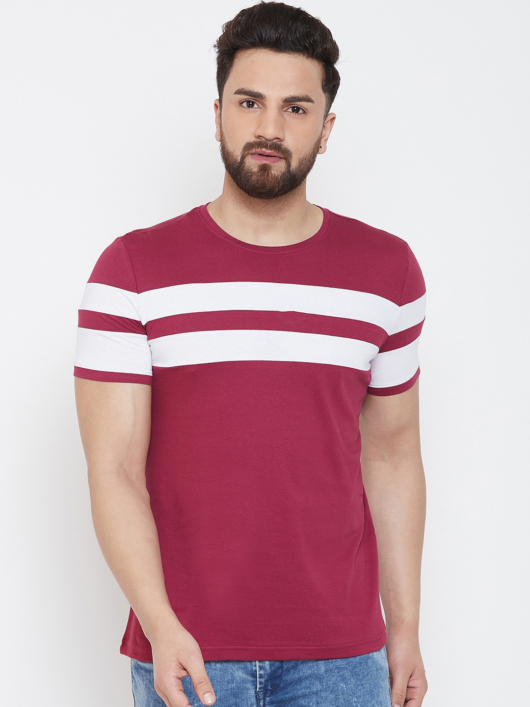 GESPO Men Pink & White Striped Round Neck T-shirt