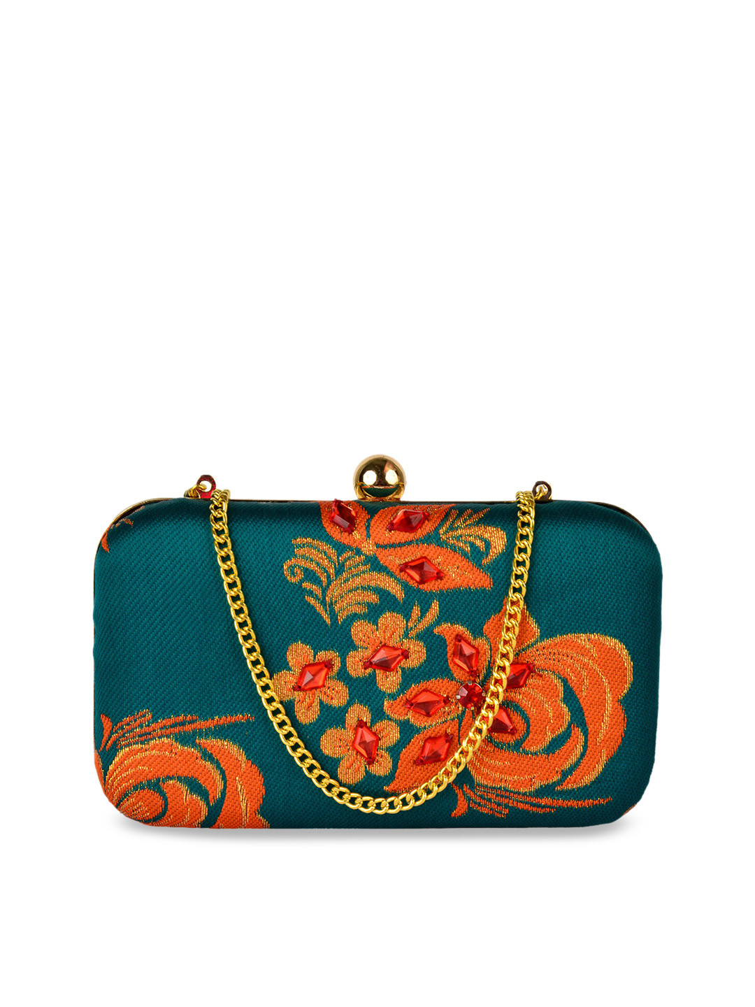 REZZY Teal Green & Orange Handmade Woven Design Box Clutch