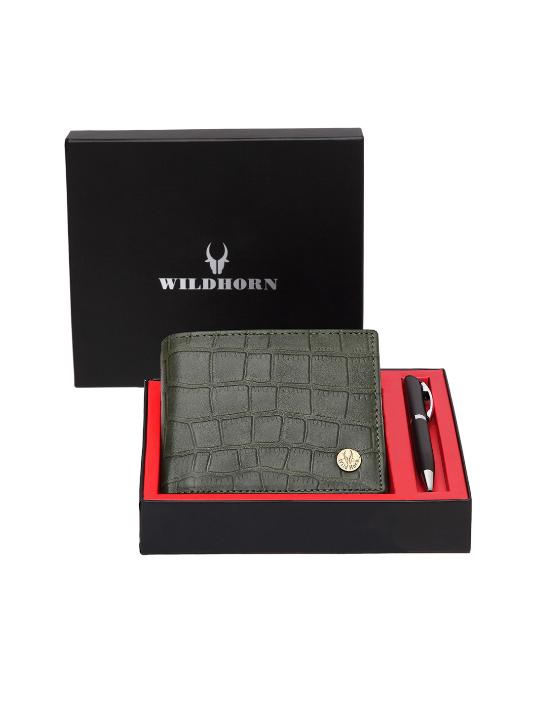 WildHorn Men Green RFID Protected Genuine Leather Wallet & Pen Accessory Gift Set