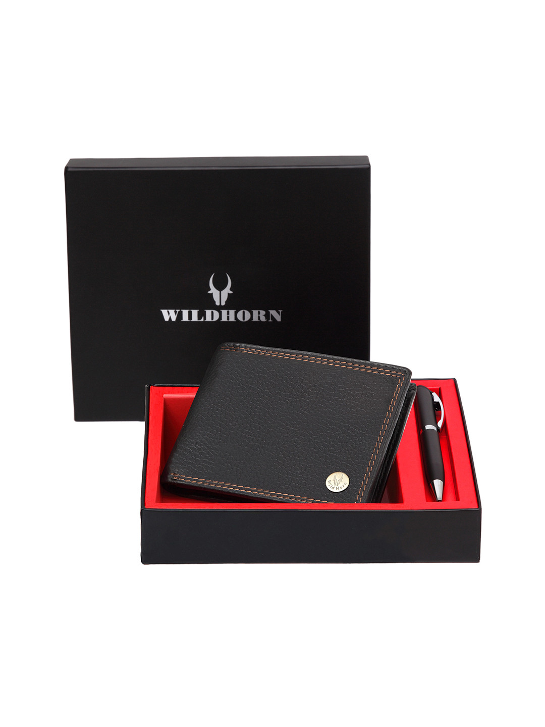 WildHorn Men Black RFID Protected Genuine Leather Wallet & Pen Accessory Gift Set