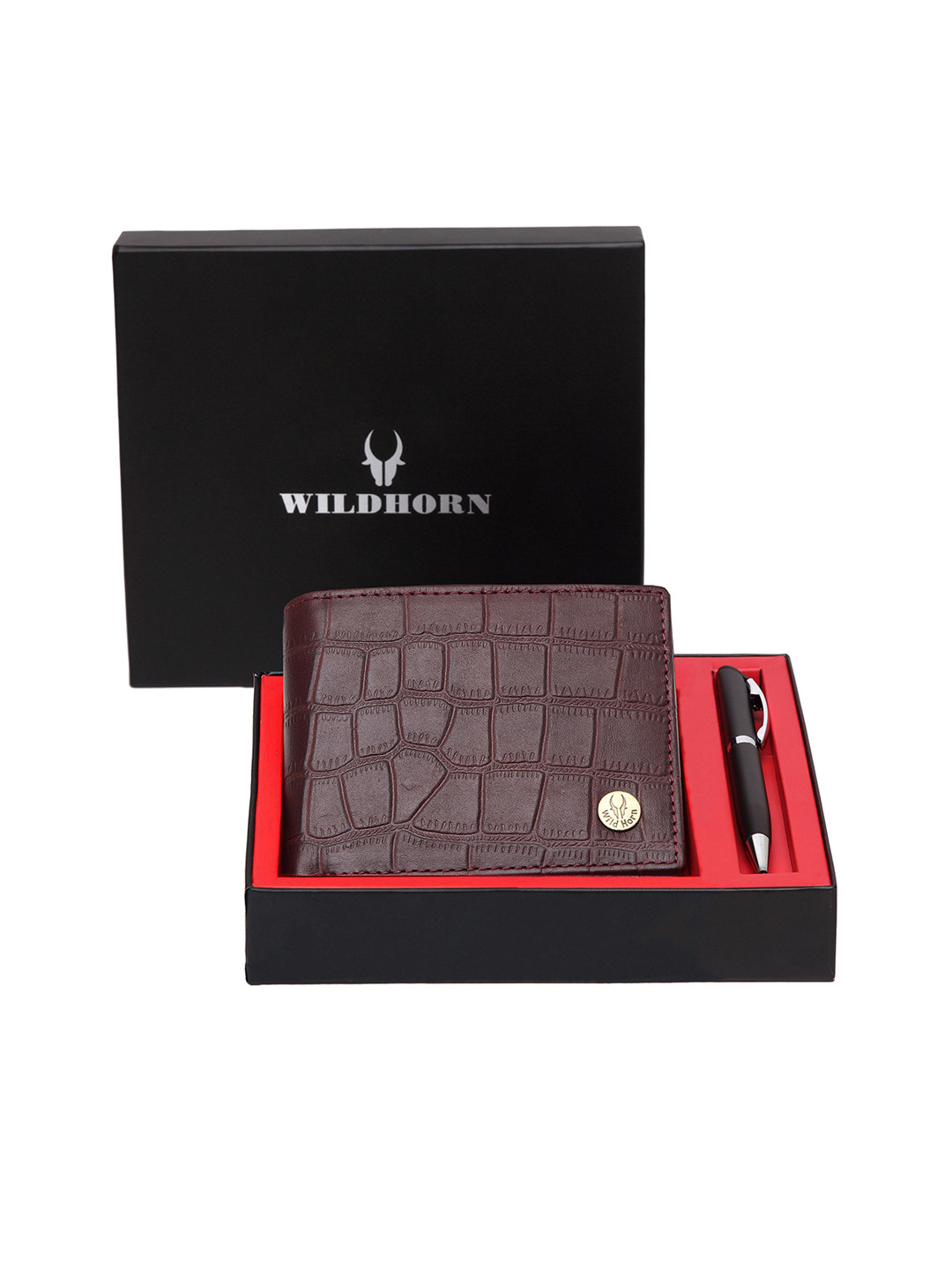 WildHorn Men Maroon & Black RFID Protected Genuine Leather Wallet & Pen Accessory Gift Set