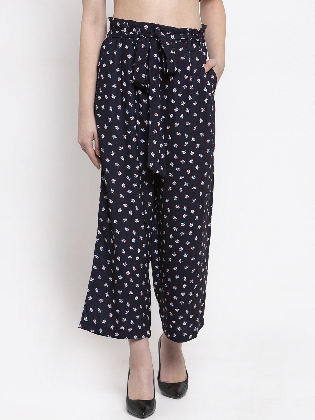 Gipsy Women Navy Blue & White Loose Fit Printed Parallel Trousers