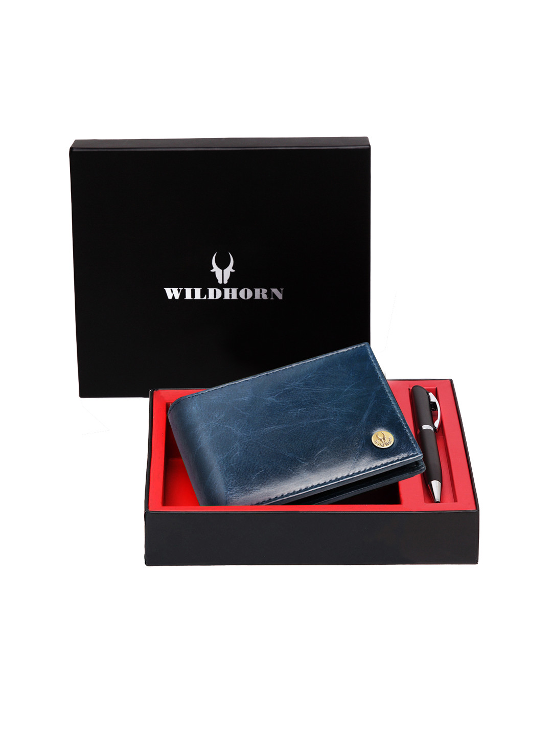 WildHorn Men Blue & Black RFID Protected Genuine Leather Wallet & Pen Accessory Gift Set