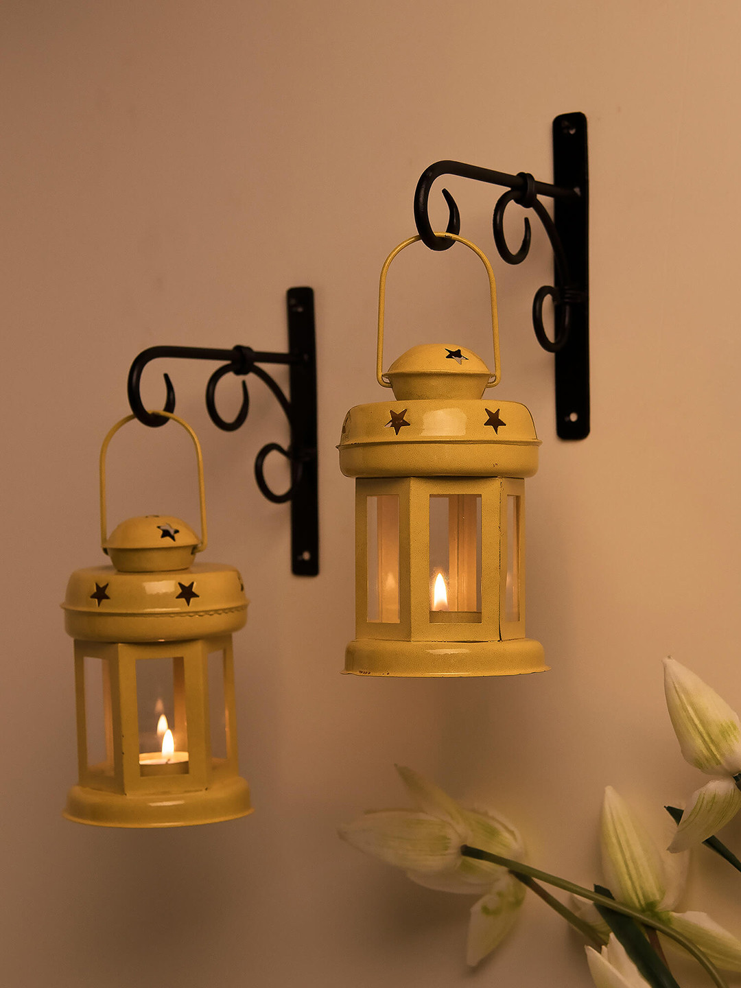 Homesake Set of 2 Yellow Metal Decorative Lantern Shaped Candle Holders