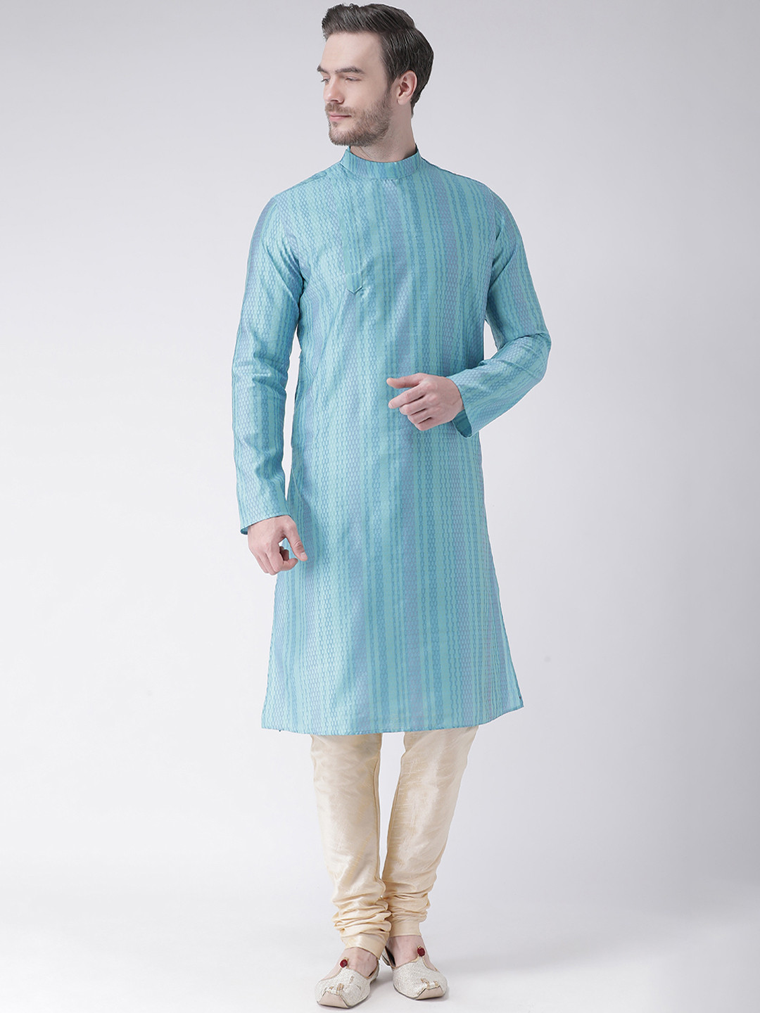 DEYANN Men Turquoise Blue & Cream-Coloured Self Design Kurta with Churidar