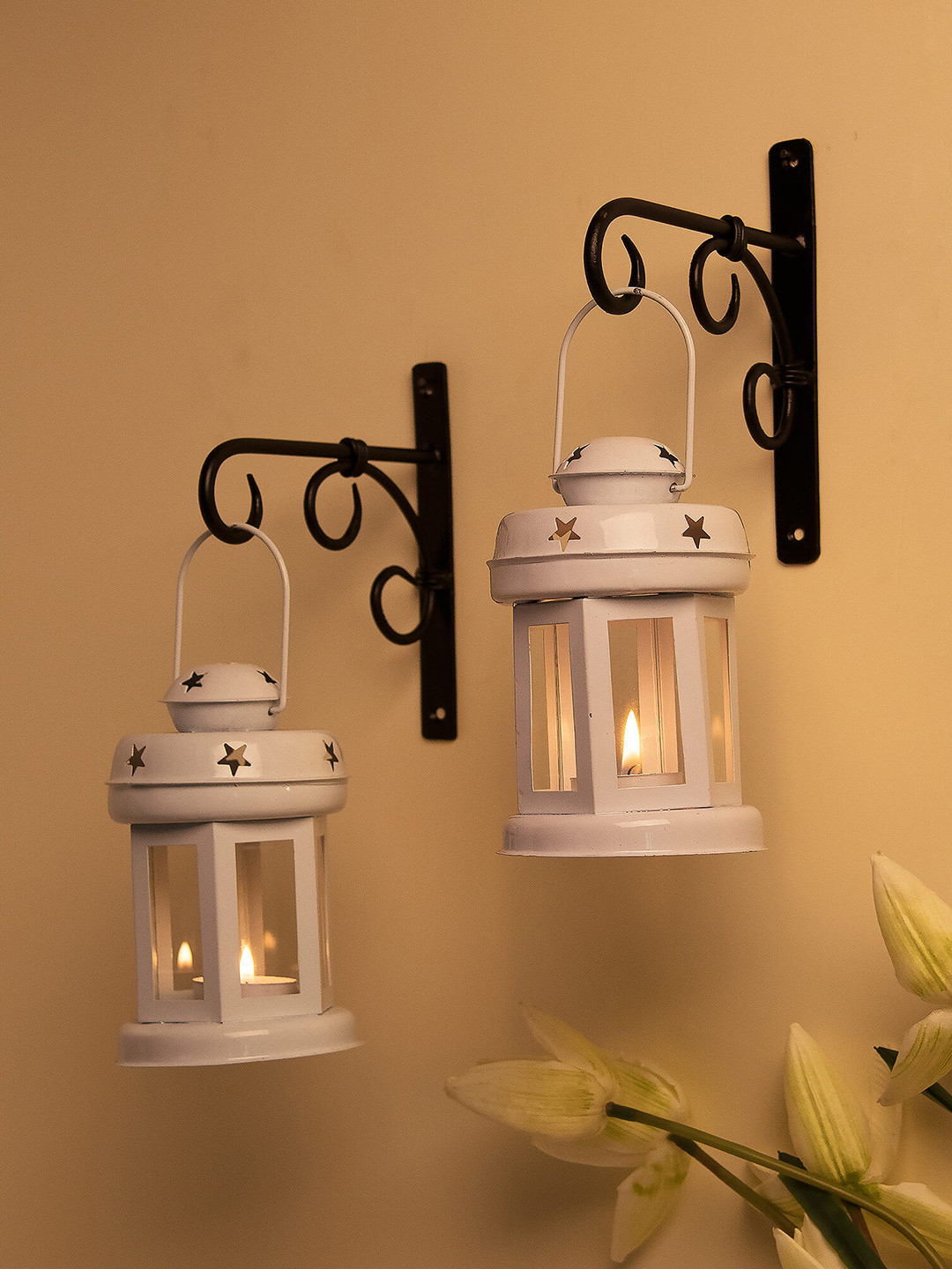 Homesake Set of 2 White Metal Decorative Lantern Shaped Candle Holders