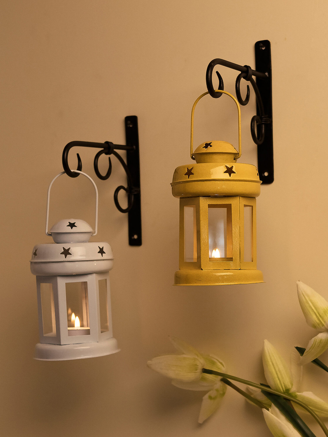 Homesake Set of 2 White & Yellow Metal Decorative Lantern Shaped Candle Holders