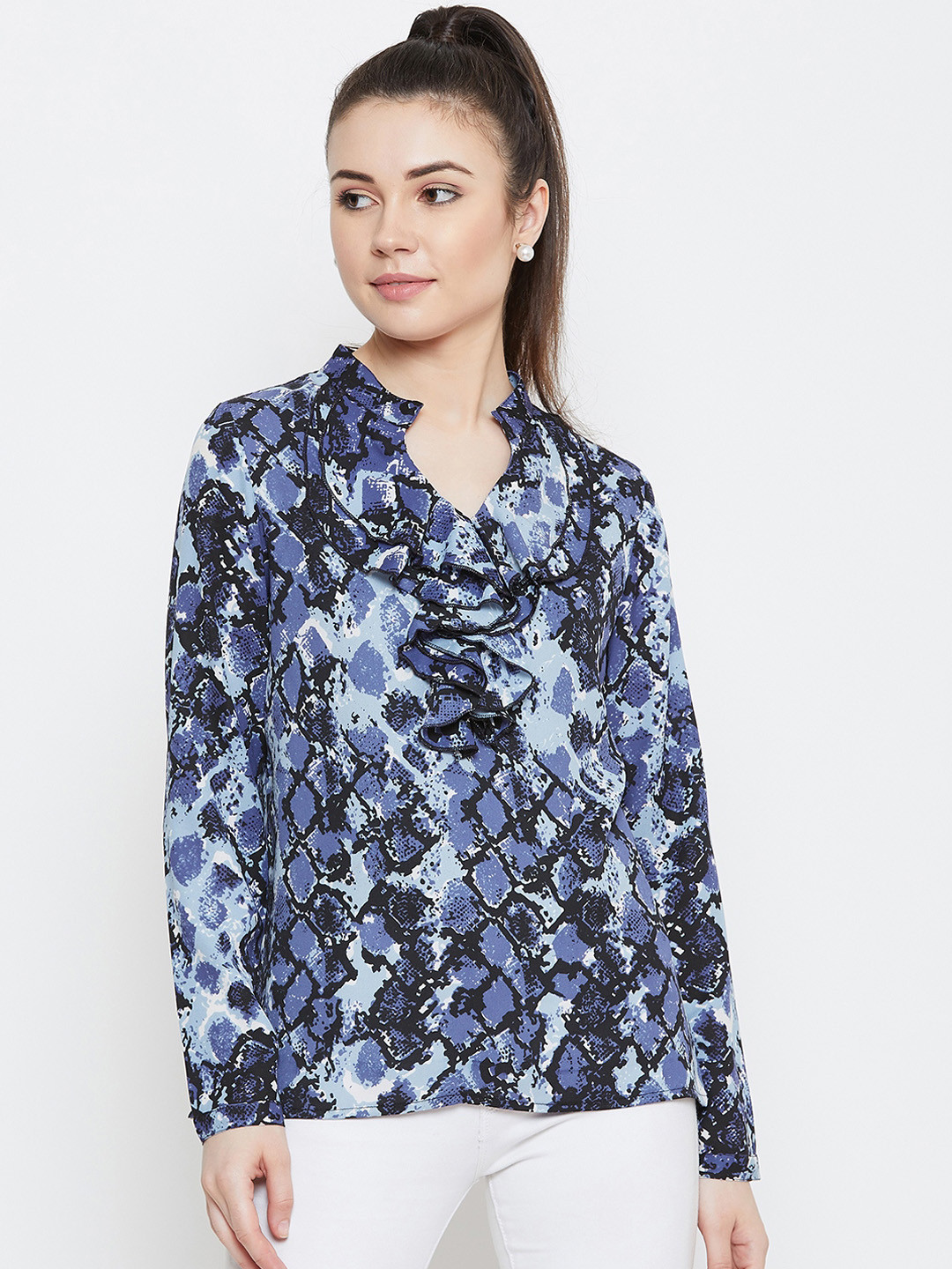 La Zoire Women Blue & Black Snakeskin Print Top