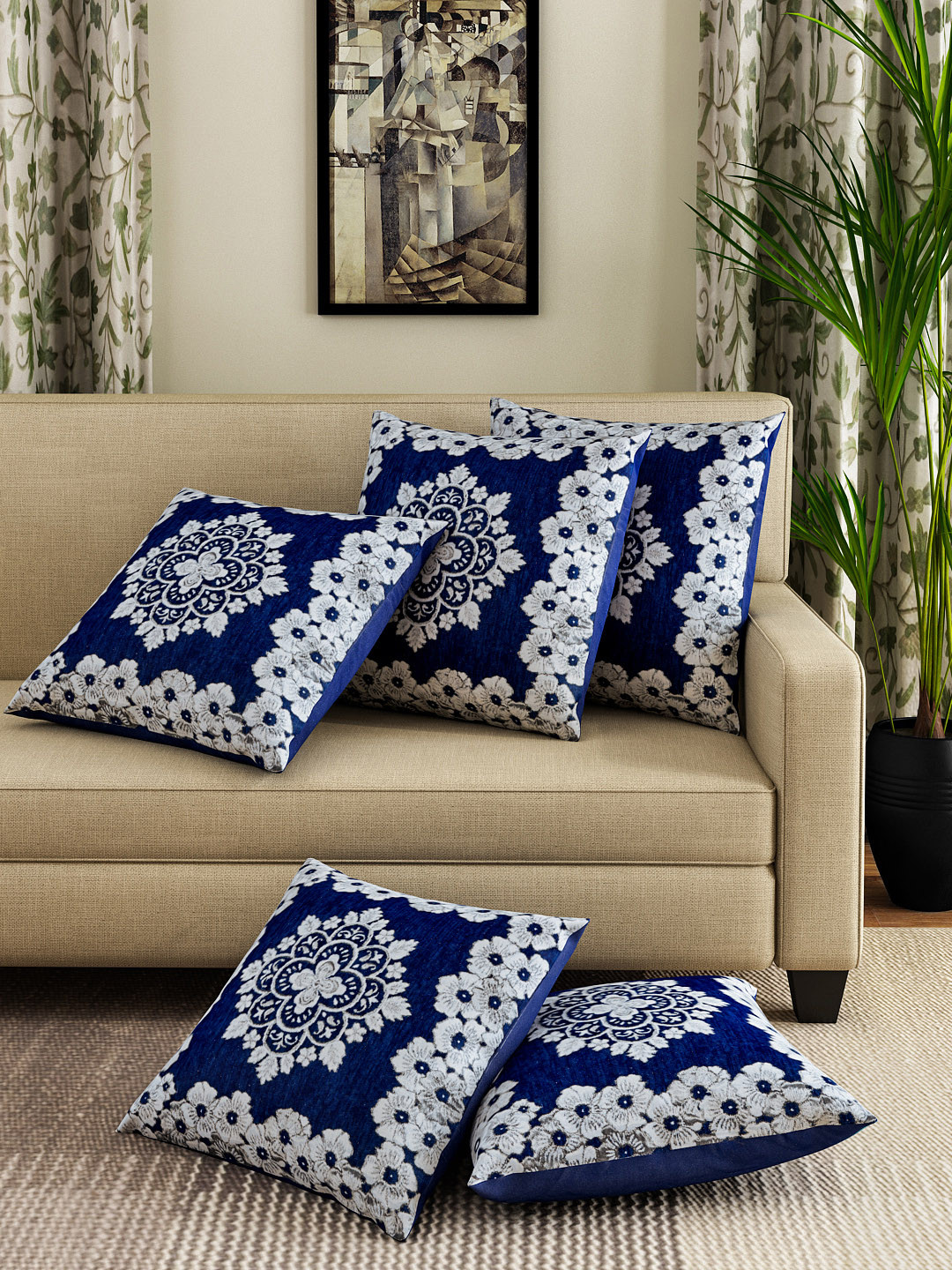 ROMEE Blue Set of 5 Floral Square Cushion Covers