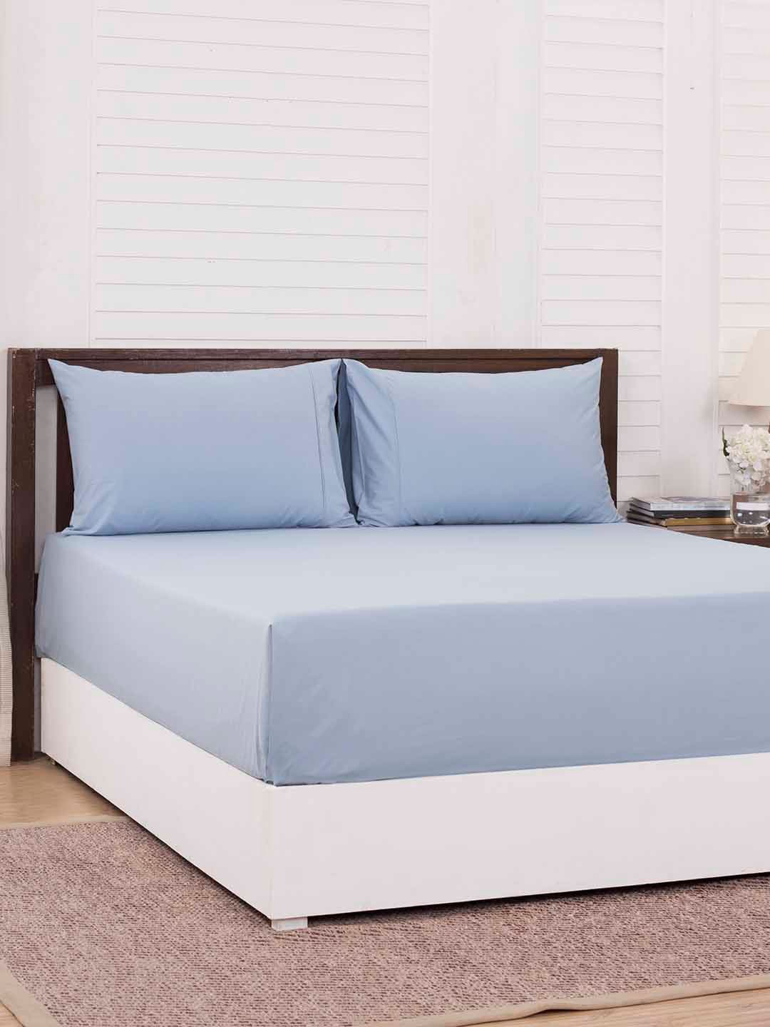MASPAR Blue Solid 200 TC Cotton 1 King Bedsheet with 2 Pillow Covers