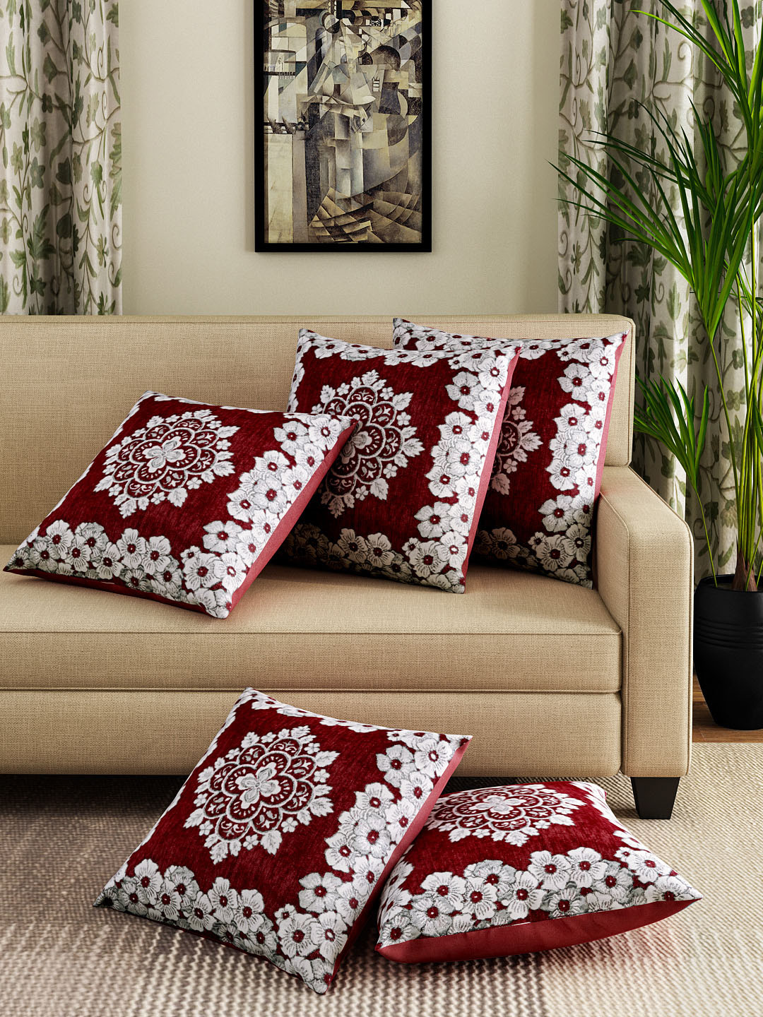 ROMEE Maroon Set of 5 Floral Woven Pattern Square Cushion Covers