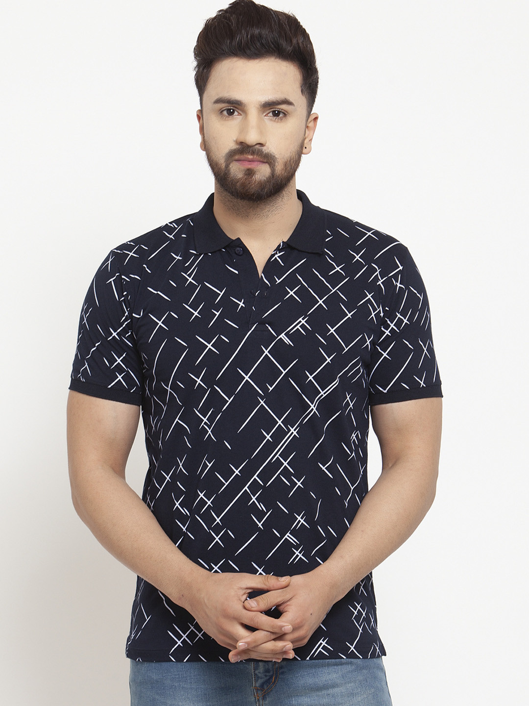 WILD WEST Men Navy Blue & White Printed Polo Collar T-shirt